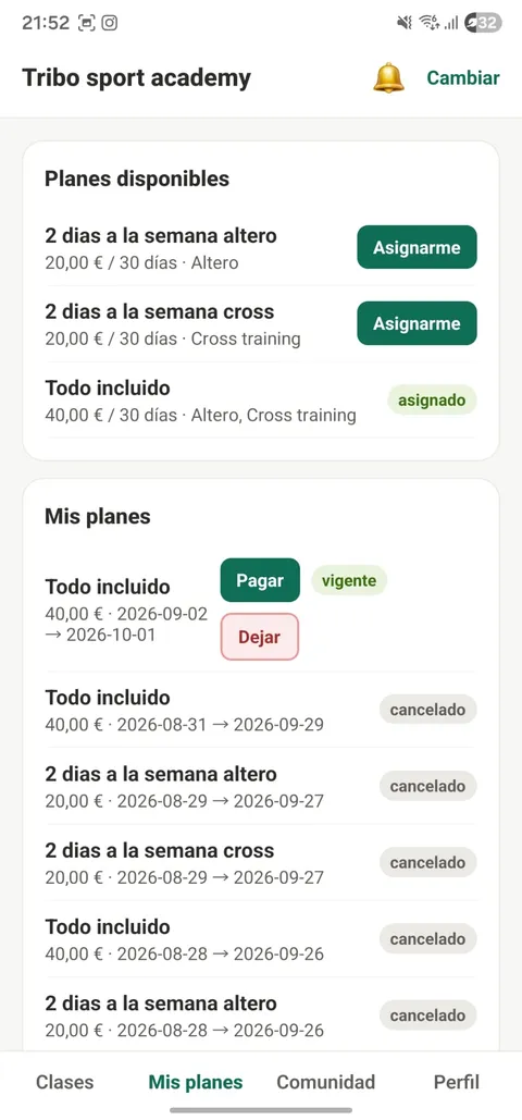 Vista de la app nativa de FitBusiness
