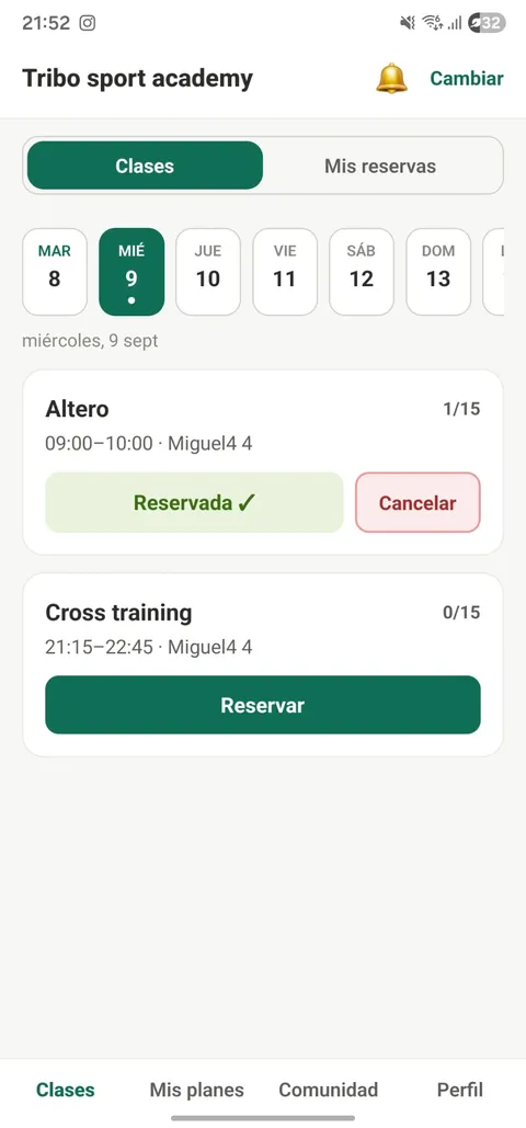Vista de la app nativa de FitBusiness