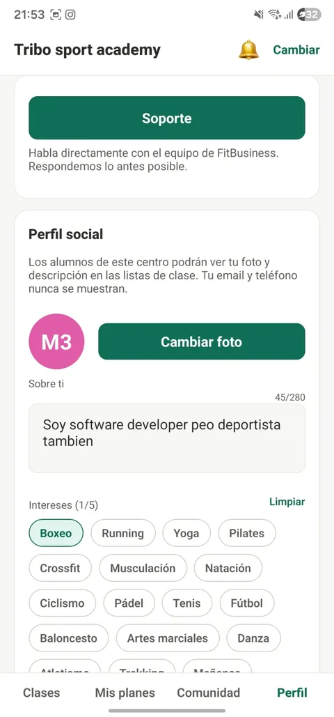Vista de la app nativa de FitBusiness