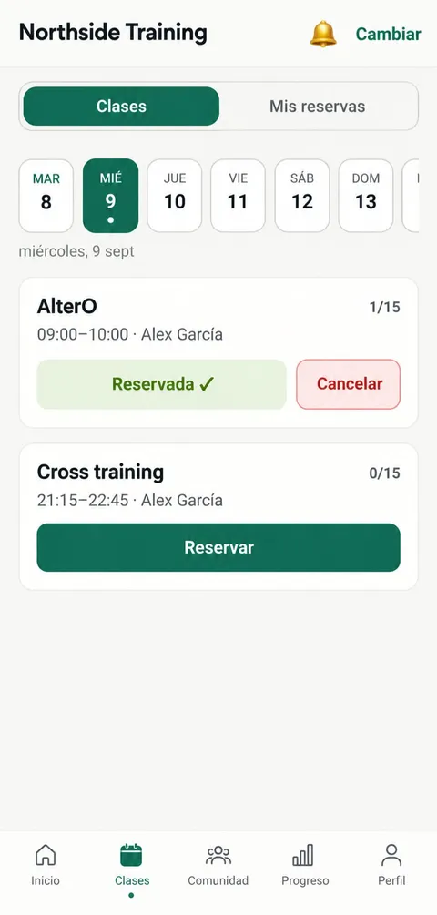 Pantalla de inicio de la app nativa de FitBusiness